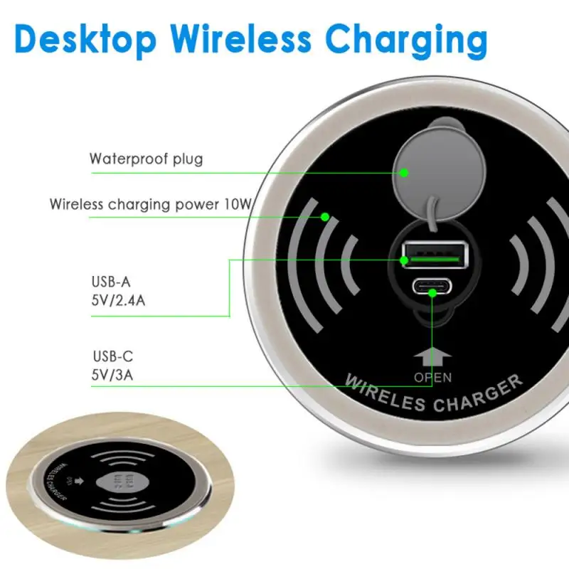 10W/5W QI Invisible Embedded Wireless Fast Charger Grommet Hole 60mm In