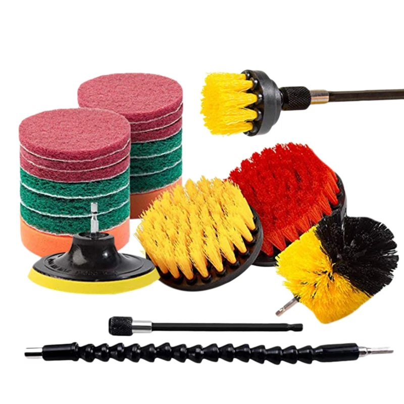 

21 Piece Drill Brush Attachments Set Scrub Pads Sponge Power Scrubber Brush with Rotate Extend Long Attachment All Purpose Clean