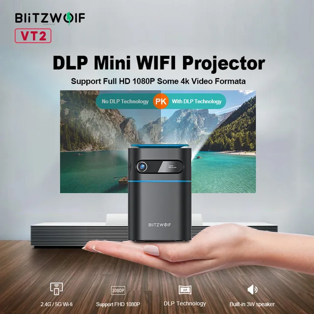 BlitzWolf – Mini projecteur Led DLP BW VT2, WIFI, 1080P, 2.4G/5G, sns fil, Projection à l min, vidéo 4K pour ciném | 