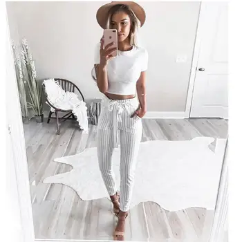 

Women's Casual Frill Waist Stripe Long Slim Pencil Pants Trousers With Pocket