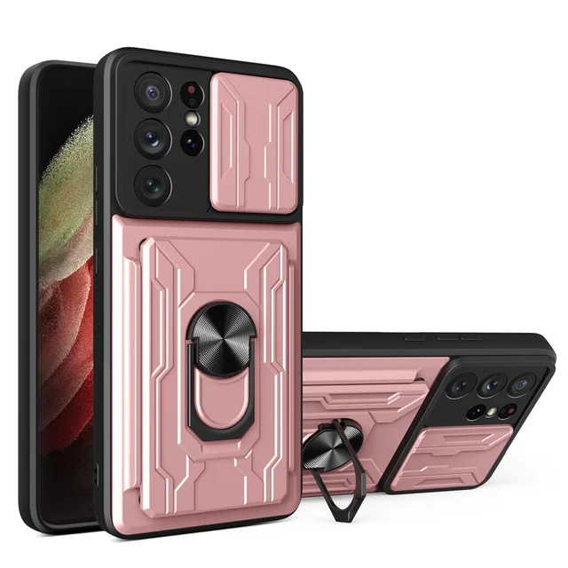 Slide Camera Lens Case For Samsung S22 Ultra S21 Ultra S21 FE S20 Plus Note 20 Ultra A72 A52 A53 A33 Detachable Card Holder Case Rose Gold