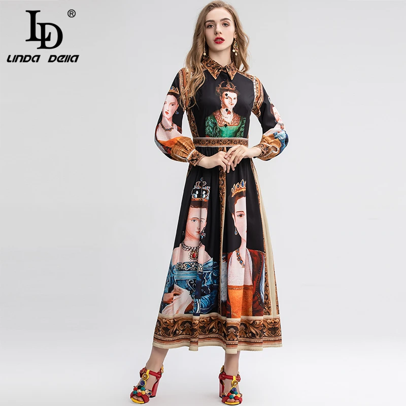 Многоцветный LD LINDA делла весна лето модное подиумное винтажное платье женское с длинным рукавом Великолепное Платье с принтом королевы ТРАПЕЦИЕВИДНОЕ элегантное платье - Цвет: Многоцветный