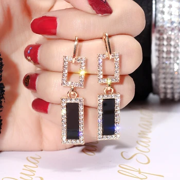 

ZA Fashion Jewelry Glass Drop Earrings For Women Shiny Rhinestone Dangle Square Earings For Girls Wedding Accessories