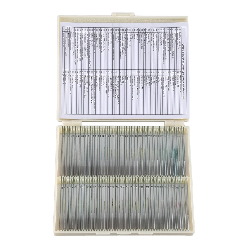 100PCS Professional Glass Slice Prepared Microscope Slides Educational Specimen Human Tissue Sections with Plastic Box