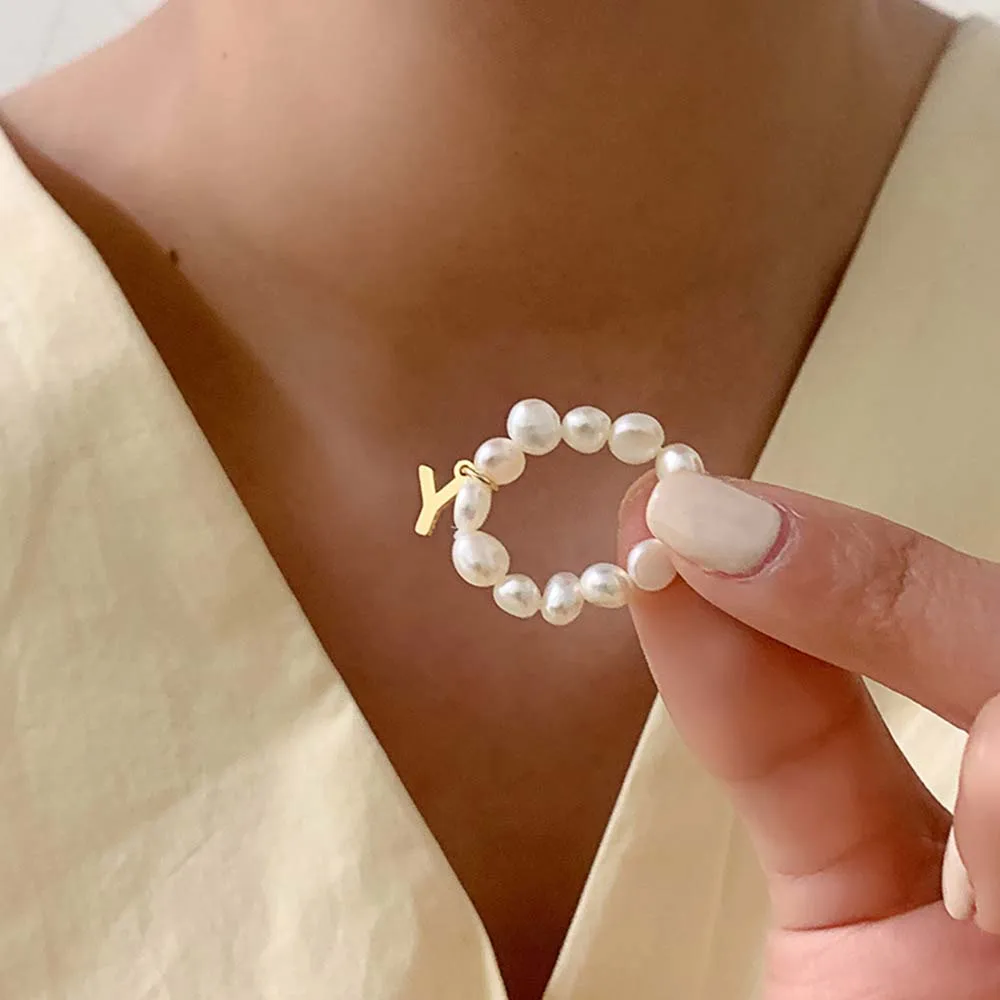 Finger Ring Elegant Simple Pearl Ring Woman Finger Ring Letter Pendant Continuous Circle Pearl Bead Minimalist Fashion Jewelry Gift