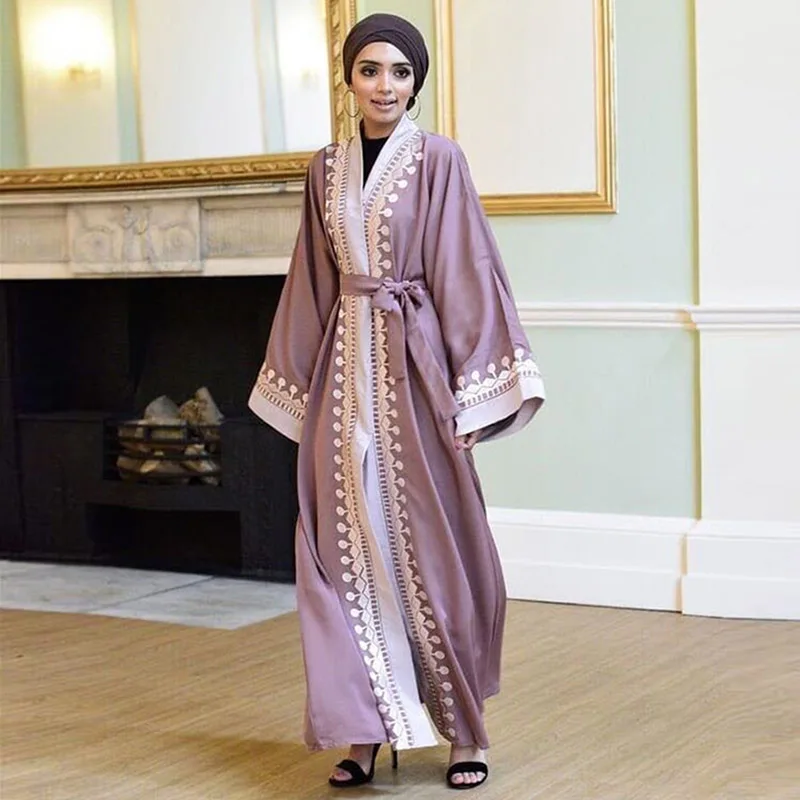 

Dubai Middle East Embroidered Cardigan Women's Robe Arab Kimono Muslim Belt Ramadan Skirt Islamic Turkey Large Size Robe Abaya