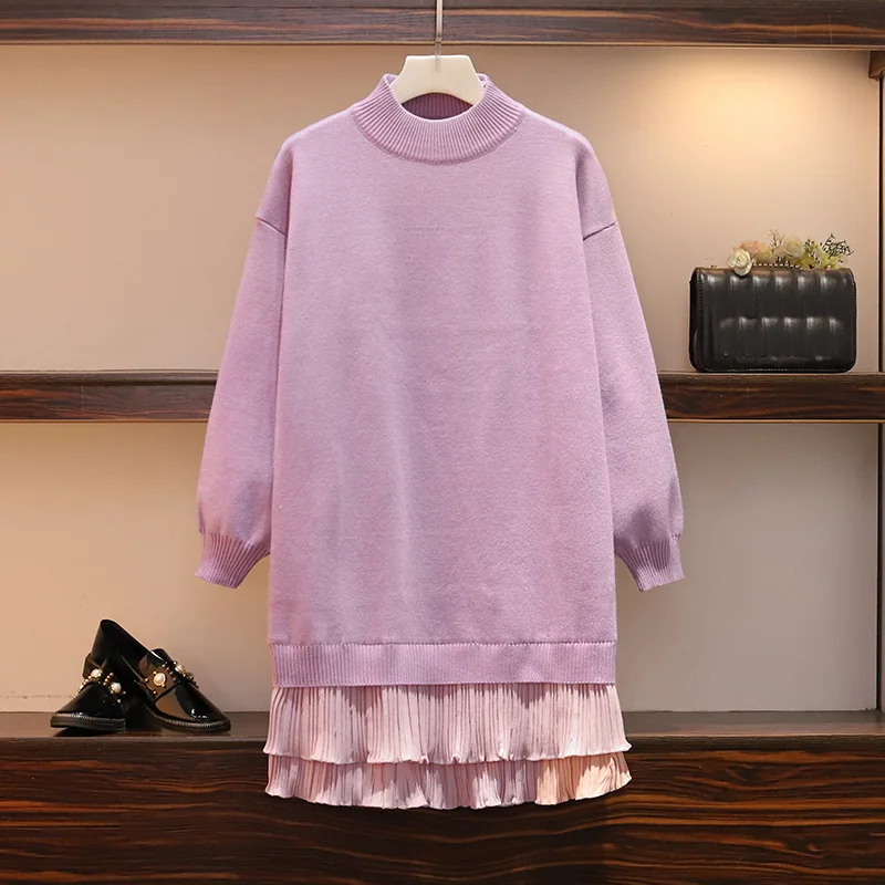 Plus Size M-4XL Autumn Winter Women Knitting Sweater Dress Female Loose Chiffon Patchwork Solid Pullover Dresses L4044