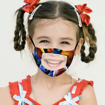 

5PCS Cartoon Planet Printed Kids Mask Visible Expression Mouth Mask Transparent PVC Face Cover With Clear Window Masque Enfant