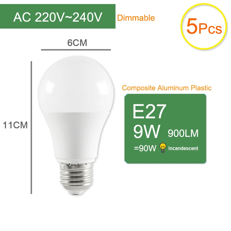 E27 9W 5pcs Kaguyahime 1 шт./5 шт E14 E27 9W Dimmable высокой яркости E27 светодиодный светильник 220V светодиодный лампы светодиодный светильник лампады Lamparas Bombillas ампулы 6 Вт - Emitting Color: E27 9W 5pcs