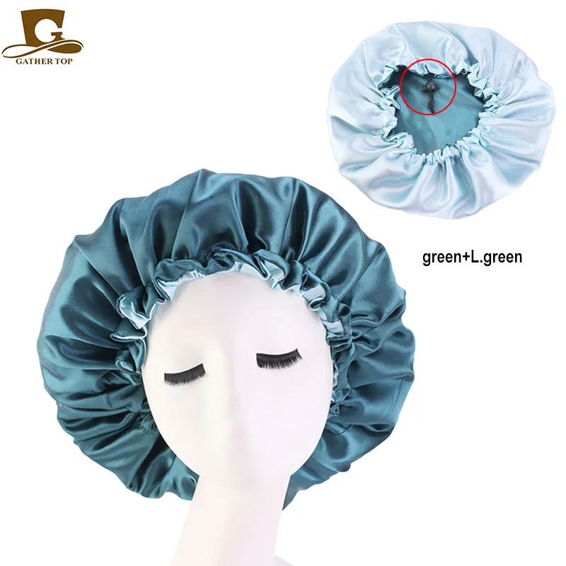 smallJUN Women Satin Sleep Hair Bonnet Cap Extra Large Double Layer Reversible Chemo Hat Khaki 