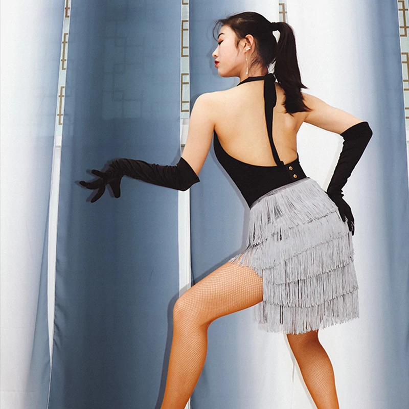 Женский костюм для латиноамериканских танцев черный топ и юбка с бахромой платье