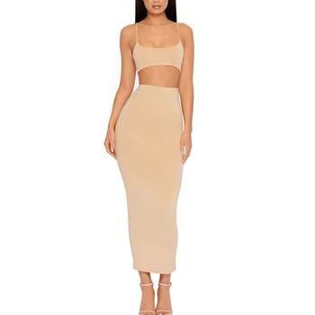 

Summer sexy suspender chest wrap top hip skirt two piece women's party dress sexy solid color tight dress set women 2020 NEW