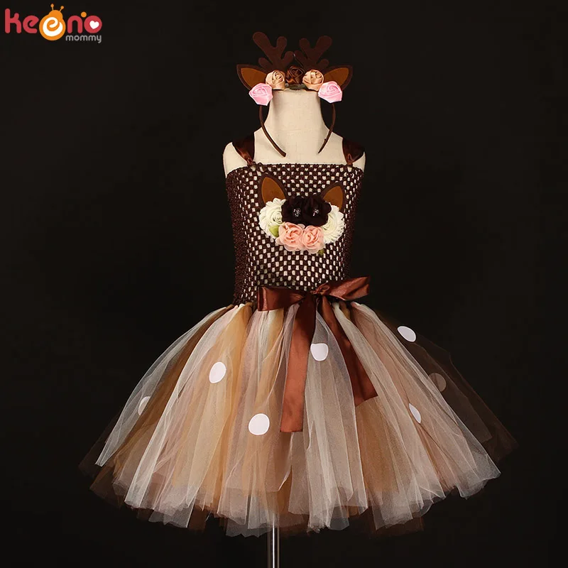 Deer Costume Girls Halloween Christmas Fancy Dress Flower Reindeer