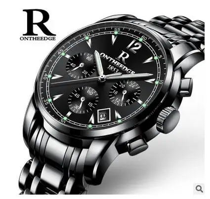 

ONTHEEDGE Men's Watches Brand Luxury Black Stainless Steel Wristwatches Waterproof Fashion Business Quartz Watch Reloj Hombre