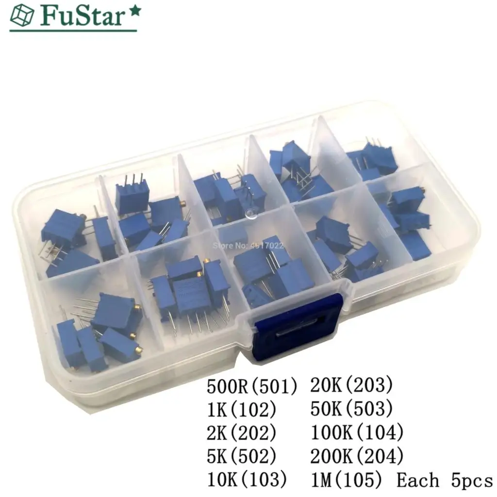 50Pcs/Lot 3296W Multiturn Trimmer Potentiometer Kit High Precision 3296 Variable Resistor 500R 1K 2K 5K 10K 20K 50K 100K 200K 1M |