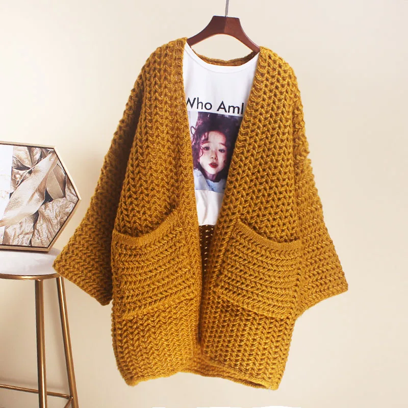 

Laziness-Style Sweater Cardigan Women's Mid-length Loose-Fit Korean-style 2019 Autumn & Winter New Style Chunky Yarn Sweater Coa