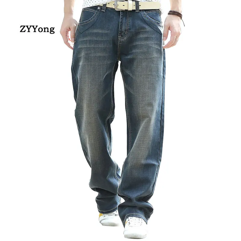 Fashion Casual Men's Jeans Straight Loose Baggy Streetwear  Hip hop Skateboard Denim Trousers Light Black Wide Leg Pants Size 44