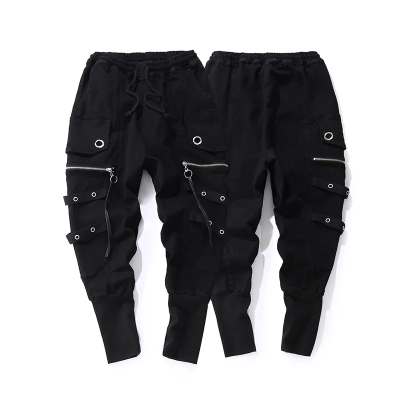 

Drawstring casual men high quality Joggers black Sweatpants Ribbon Hip Hop Men streetwear casual Trousers Cross-pants