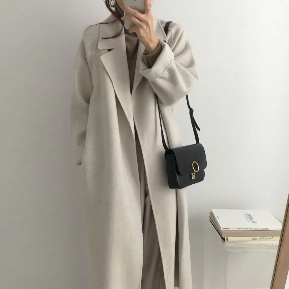 Women's Jacket 2021 Autumn and Winter Long Wool Coat with Belt Solid Color Long-Sleeved Chic Slim Down Shoulder Coat long puffer jacket