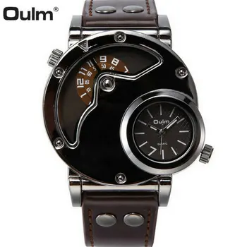

OULM Big Case Sports Quartz Mens Watches Top Brand Luxury 2 Time Zome Display Fashion Military Casual Wristwatches Leather Strap