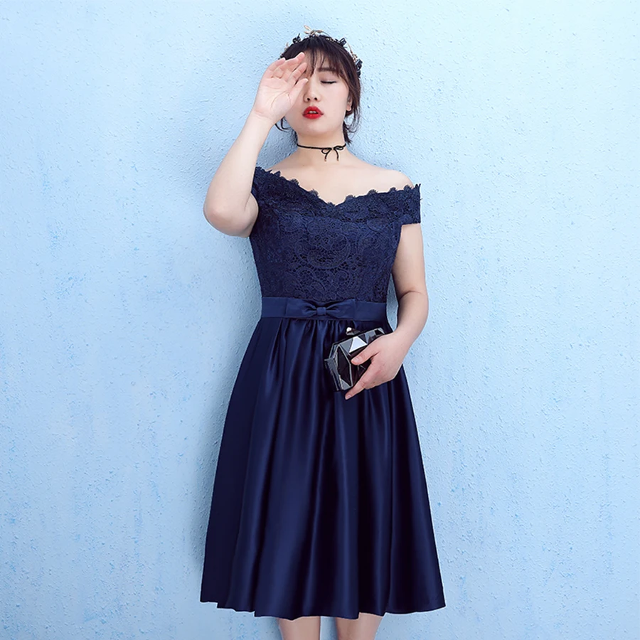 Navy Blue short Короткое платье для выпускного вечера, кружевное платье Vestidos De Gala размера плюс, платья трапециевидной формы, женские вечерние платья с коротким рукавом и вырезом лодочкой, платья для выпускного вечера T159 - Цвет: Navy Blue short