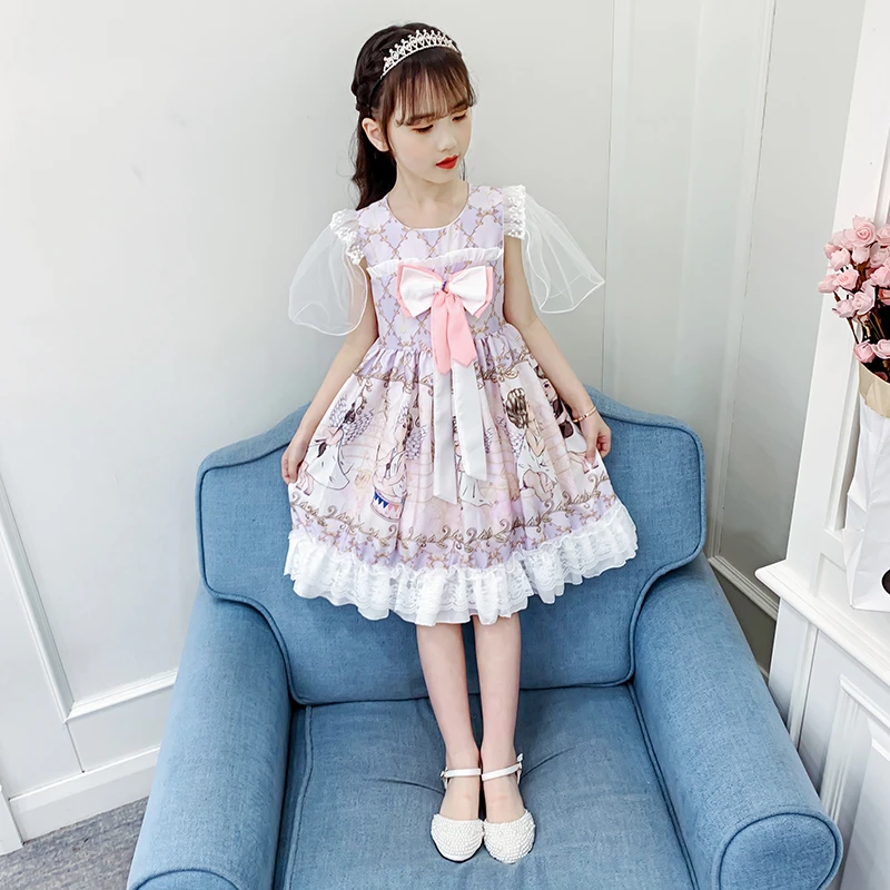 Girls dress summer bowknot short-sleeved Lolita dress children summer new girl Korean version of foreign princess skirt