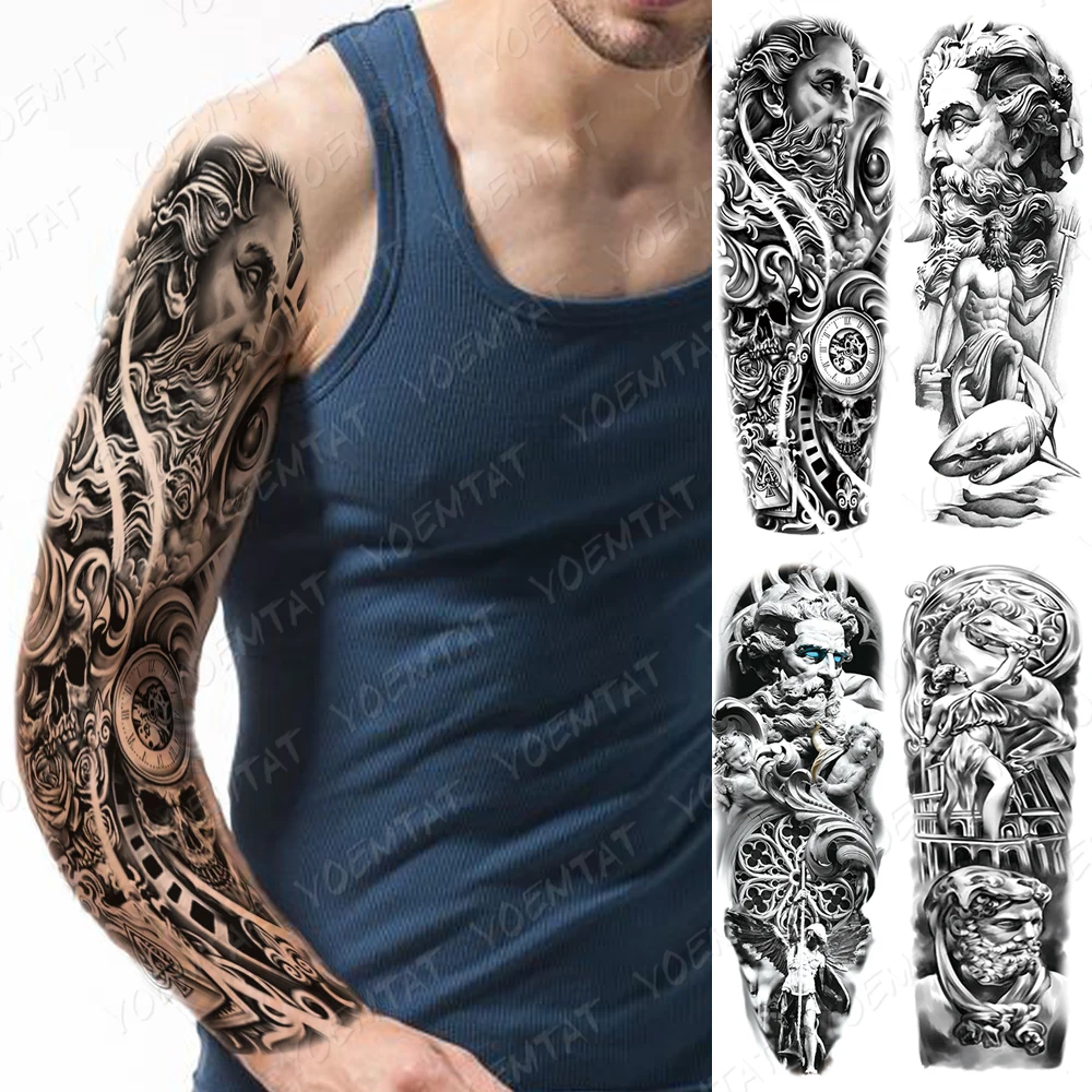 

Waterproof Temporary Full Arm Tattoo Stickers Greek God Angel God Eye Demon Flash Tattoos Man Body Art Fake Sleeve Tatto Female