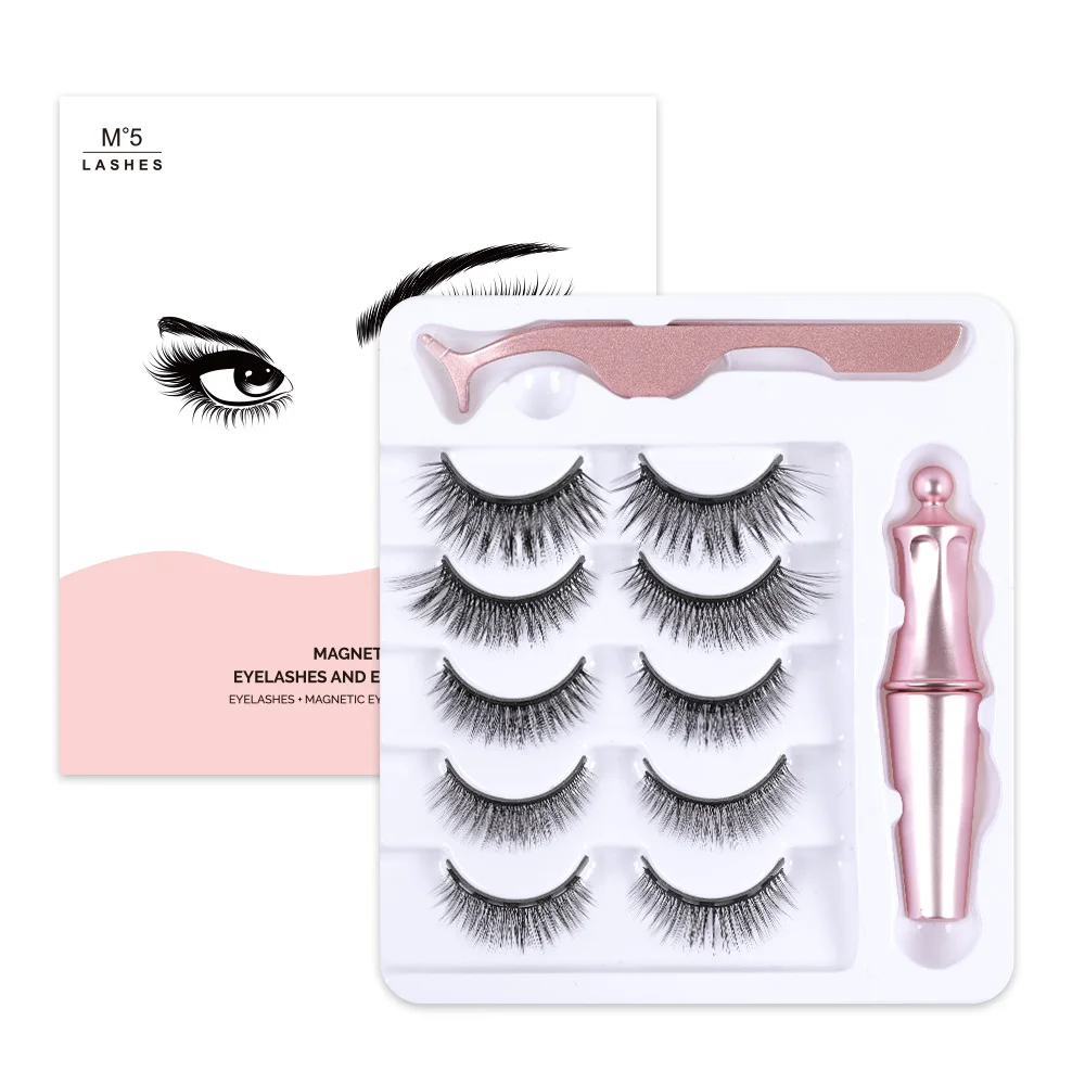 

3D Mink Lash 5 Pairs Magnetic Eyelashes Set 5 Magnet Eyelash & Waterproof Magnet Eyeliner & Tweezers Set Support Dropshipping