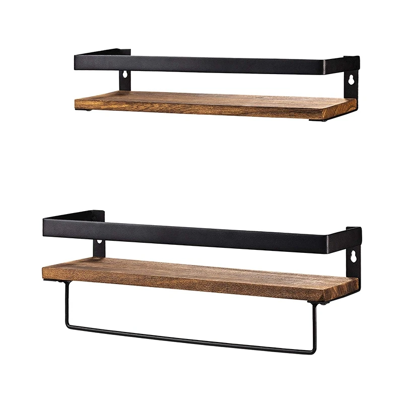 

Bathroom Storage Shelf Wall Mounted Set of 2,Rustic Wood Floating Shelves with Removable Towel Bar,Perfect for Kitchen, Bathroom