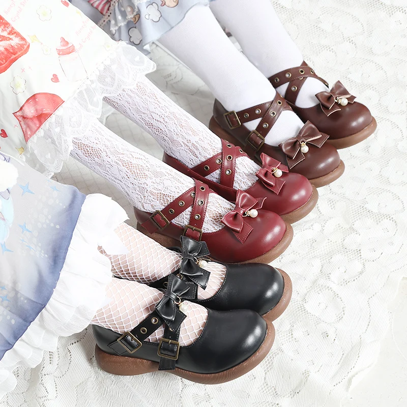 

Japanese student sweet lolita shoes vintage round head comfortable women shoes cute bowknot cross strap kawaii shoes loli cos