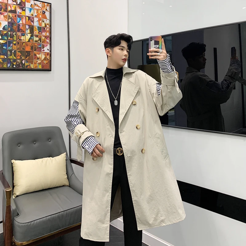 Men Double Breasted Stripe Sleeve Splice Loose Long Trench Coat Male Vintage Streetwear Hip Hop Windbreaker Jacket Overcoat