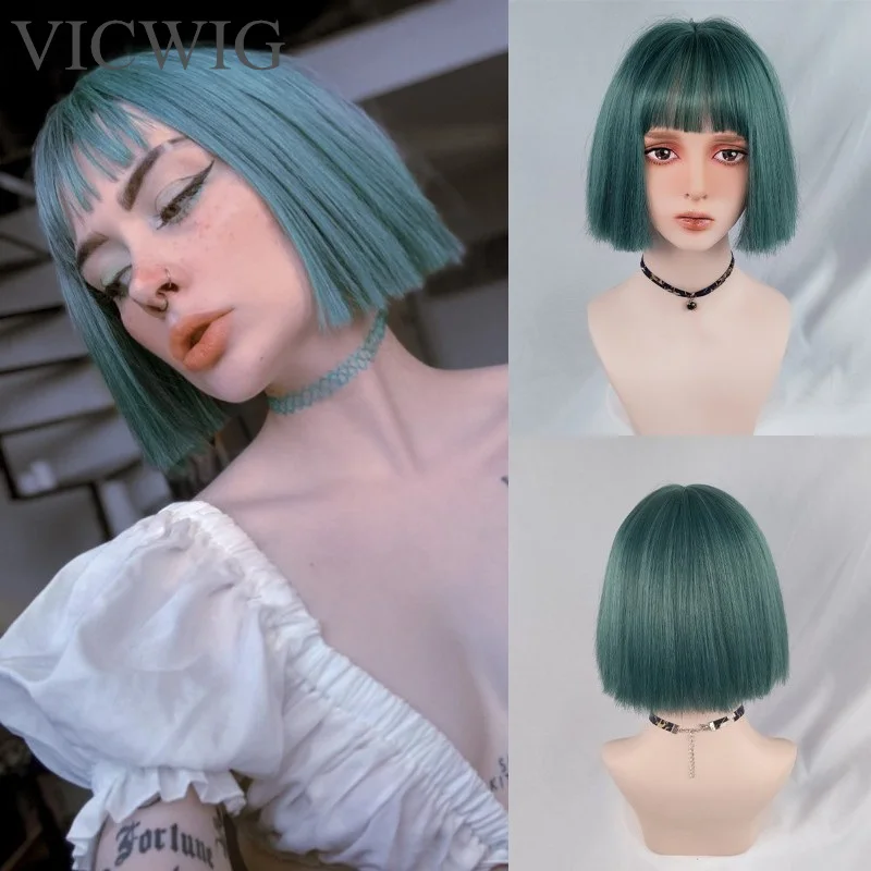 Synthetic-Wig Bangs-Light Wig Cosplay Short Straight-Hair Heat-Resistant Bob-Style VICWIG