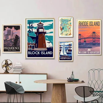 

Rhode Island Visit America Vintage Travel Map Poster Canvas Painting Kraft Poster Coated Wall Sticker Home Decoration Gift