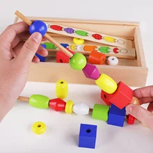 Детский Цветной деревянный секвенцирующий бисер Монтессори, бисер «геометрическая фигура», палочка, подходящая по цвету форма, математическая струнная бусина, развивающая игрушка