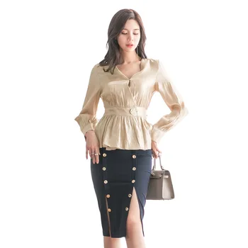 

Foamlina Elegant Women Two Pieces Suits New Autumn V Neck Long Sleeve Ruffles Top and Buttons Pencil Skirt Work Office Outfits