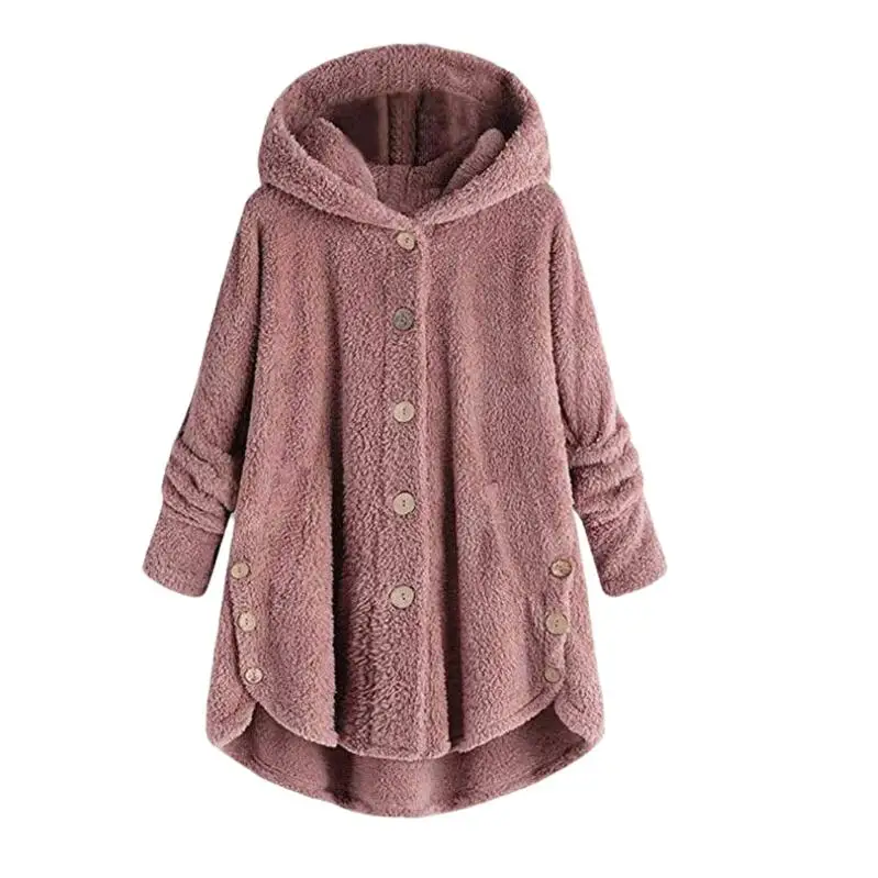 peach pink Женское пушистое пальто зимнее повседневное свободное однотонное флисовое пальто с капюшоном и плюшевым мишкой женское милое теплое пальто мягкого размера плюс зимняя верхняя одежда - Цвет: peach pink