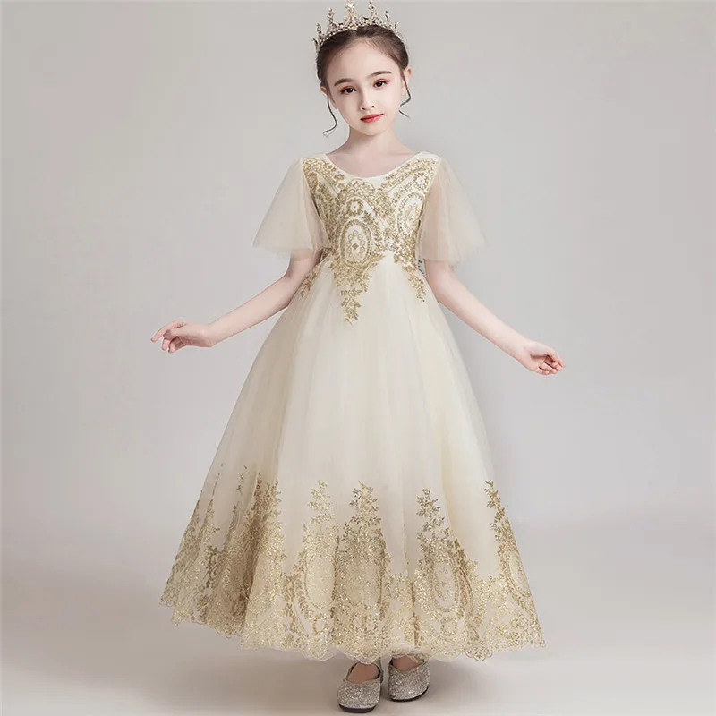 champagne long dress Г. Детское великолепное платье шампанского для девочек на день рождения, вечернее платье принцессы с блестками манекен, платье для выступлений - Цвет: champagne long dress