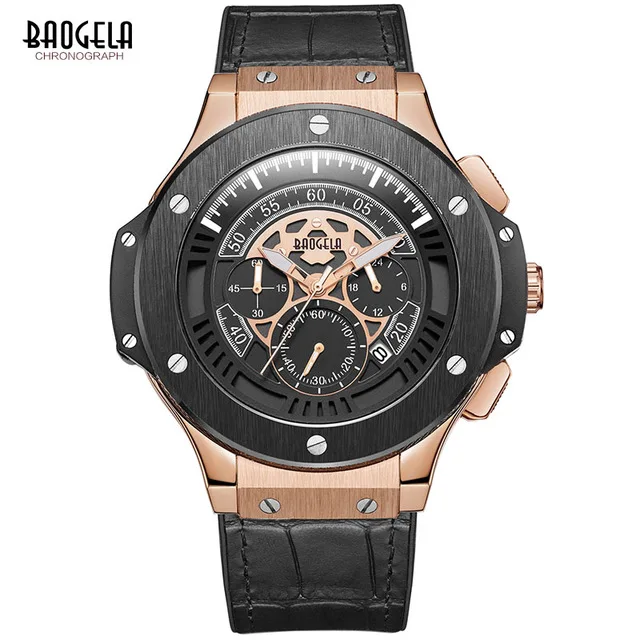 BGL1910 Rose Gold BAOGELA военные спортивные часы мужские роскошные Лидирующий бренд хронограф кварцевые мужские наручные часы мужские Relogio Masculino кожаные часы 1910 - Цвет: BGL1910 Rose Gold
