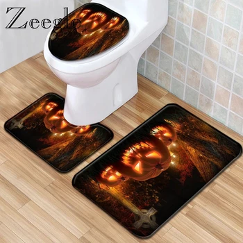 

Zeegle Halloween 3pcs Toilet Set Anti Slip Bathroom Shower Mat Doormat Flannel Toilet Pedestal Rug Soft Foot Mat Bath Mat Set