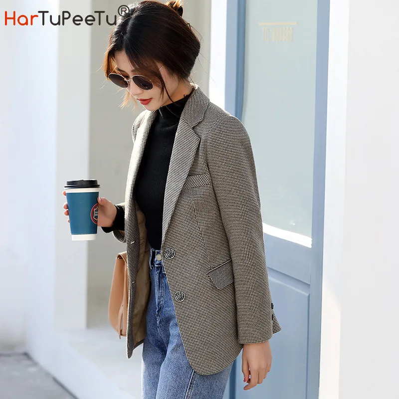 

2023 приталенное клетчатое пальто для женщин весна осень шерстяная офисная Куртка Карманы однобортный S ~ 2XL корейский OL верхняя одежда Топ