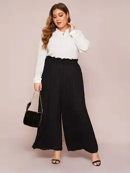 

Summer Women Solid Pleated Chiffon and Elastic Linen Wide Leg Pants High Waist Casual Trousers Vacation Pants Plus Size