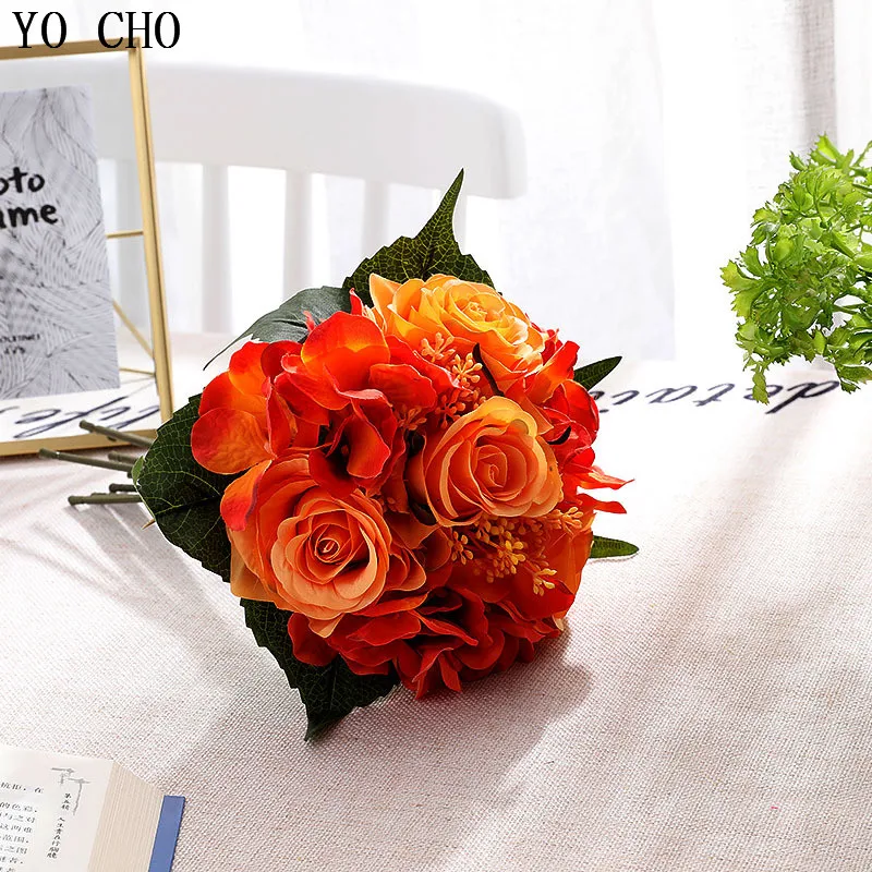 YO CHO Wedding Flowers Aritificial Roese Birdal Bouquet Artifical Silk Hydrangea Flowers for Home Party Decor