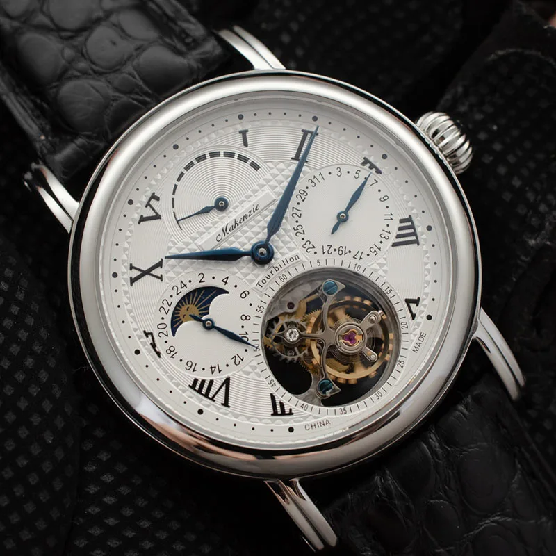 Высококачественные часы с хронографом Pilot Tourbillon, мужские часы с фазой Луны ST8007, модные мужские механические часы с календарем, запас мощности