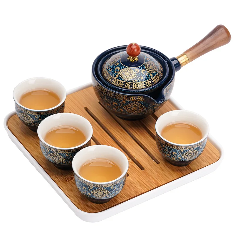 Porcelain Chinese Gongfu Tea Set Portable Teapot Set with 360 Rotation Tea Maker and Infuser Portable All in One Gift Bag
