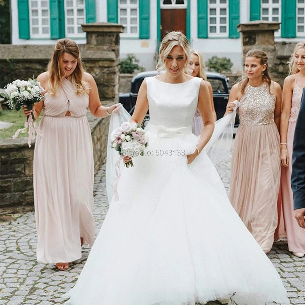 Простое Тюлевое свадебное платье трапециевидной формы с бантом Vestido De Noiva Элегантное свадебное платье без рукавов с глубоким вырезом на спине