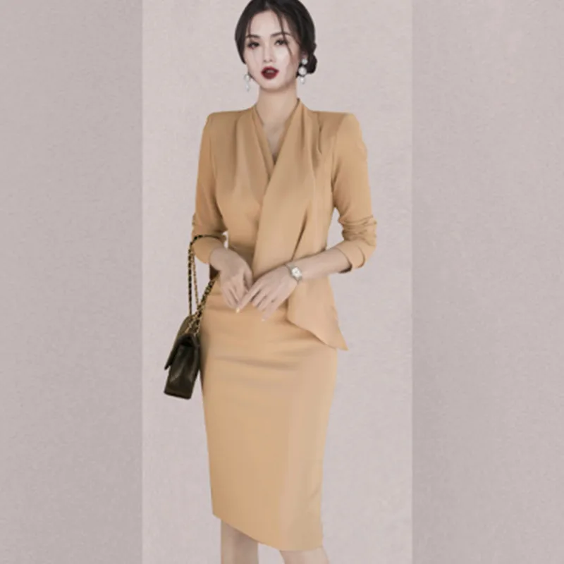 

Spring 2022 New High-End Temperament Slim Long Sleeve Bodycon Pencil Dress V-Neck Ruffles Deco Elegant OL Work Dress