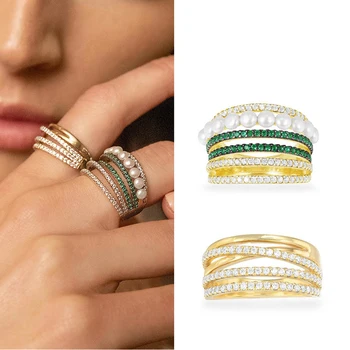 

Kakany Cubic Zirconia White Green Cubic Zirconia 6 Multi-Ring Round Ring with Pearl Lady Fashion Party Ring, Monaco Jewellery