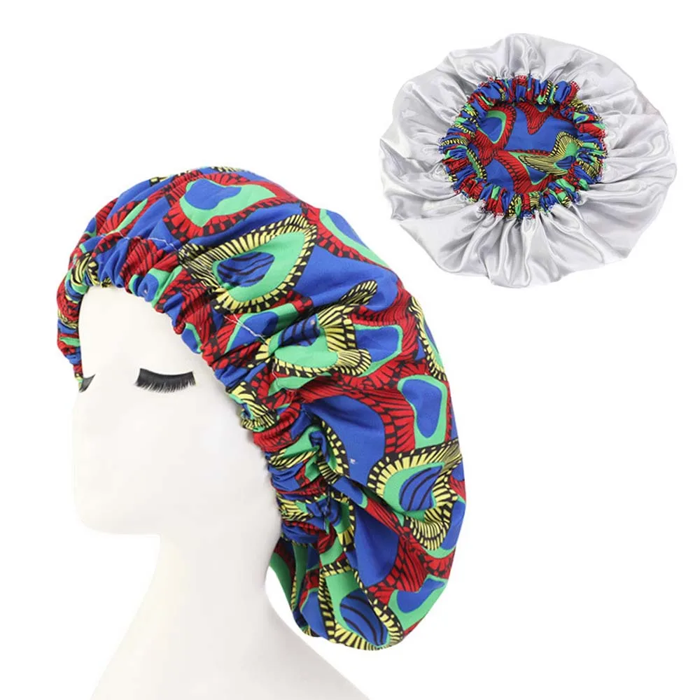 royal blue Очень большой атласной подкладкой Bonnets для женщин Африканский узор печати ткань капот двойной слой регулируемый размер Ночной сон женский тюрбан - Цвет: royal blue