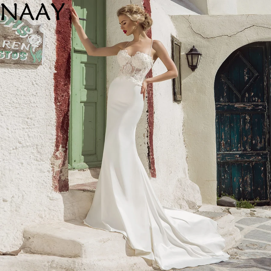 

NAAY 2020 Sexy Spaghetti Straps Mermaid Wedding Dresses Sleeveless Applique Lace Bridal Gowns Plus Size Vestido De Noiva