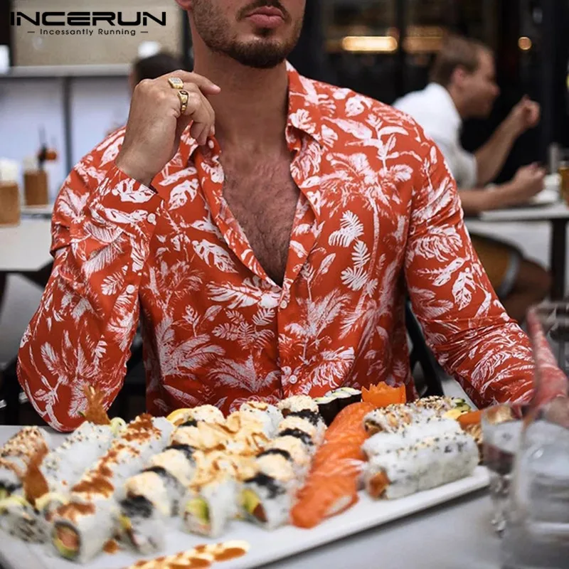 INCERUN Fashion Tree Printed Tops Men Long Sleeve Casual Lapel Shirt Vacation Beach Tropical Hawaiian Street Button Mens Blouse